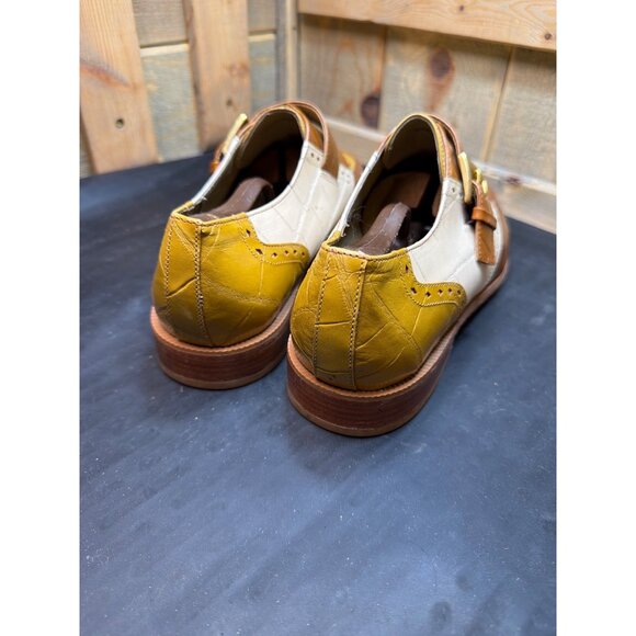 Georgio Brutini 8.5 Croc-Embossed Leather Monk Strap Dress Shoes Brown Yellow